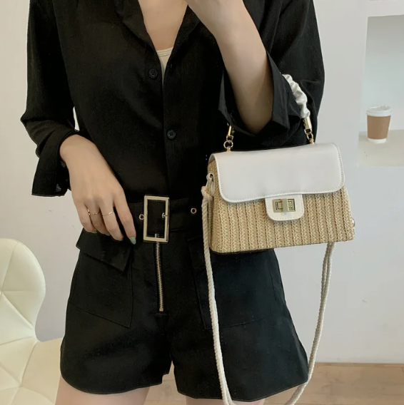 Luxury Designer Pleated Handle Straw Beach Contrast Color Crossbody Bag Mssza