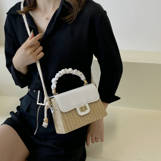 Luxury Designer Pleated Handle Straw Beach Contrast Color Crossbody Bag Mssza