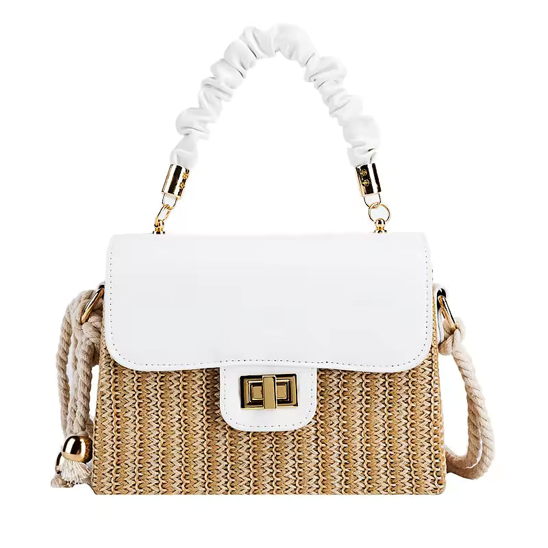 Luxury Designer Pleated Handle Straw Beach Contrast Color Crossbody Bag Mssza