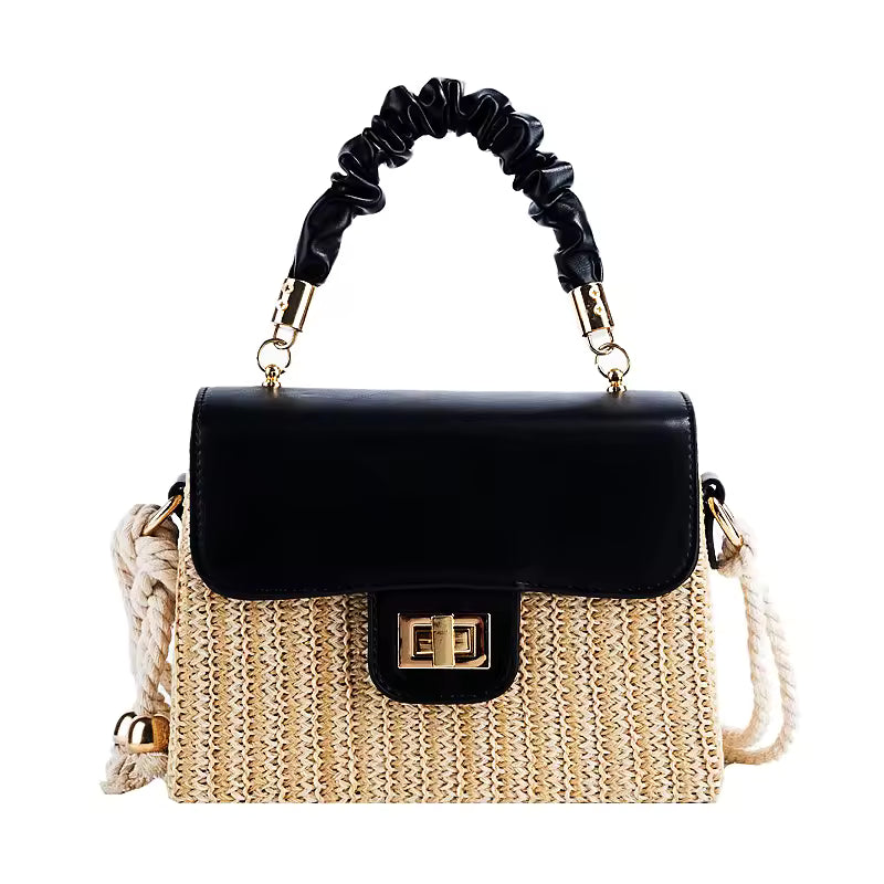 Luxury Designer Pleated Handle Straw Beach Contrast Color Crossbody Bag Mssza
