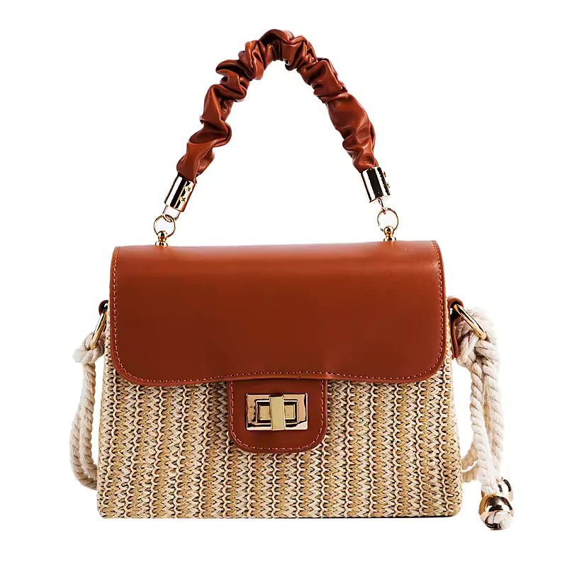 Luxury Designer Pleated Handle Straw Beach Contrast Color Crossbody Bag Mssza