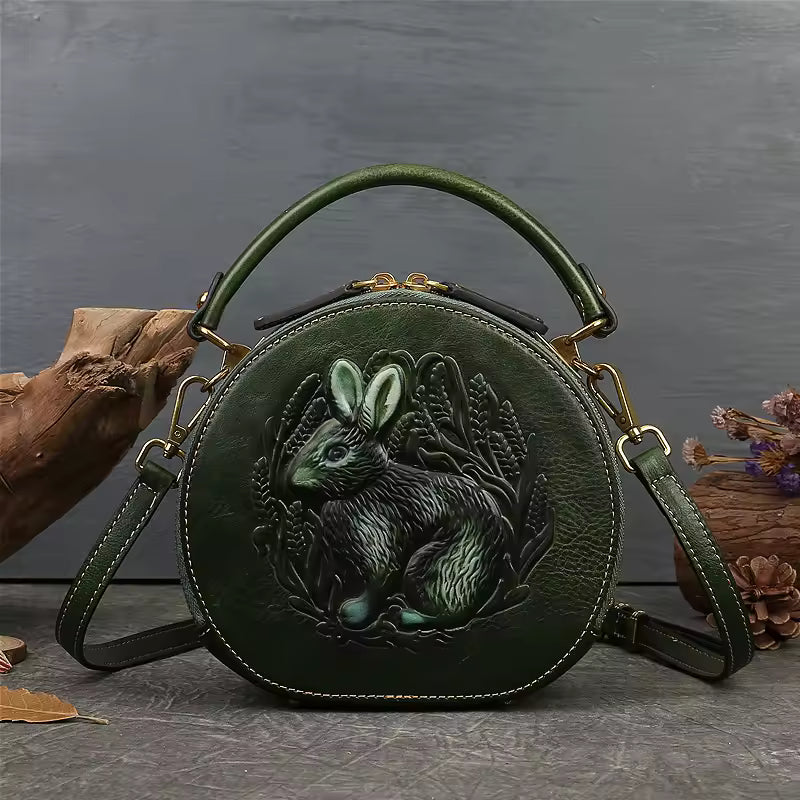 Luxury Designer Rabbit Retro Round Genuine Leather Embossed Shoulder Messenger Handbags Mssza