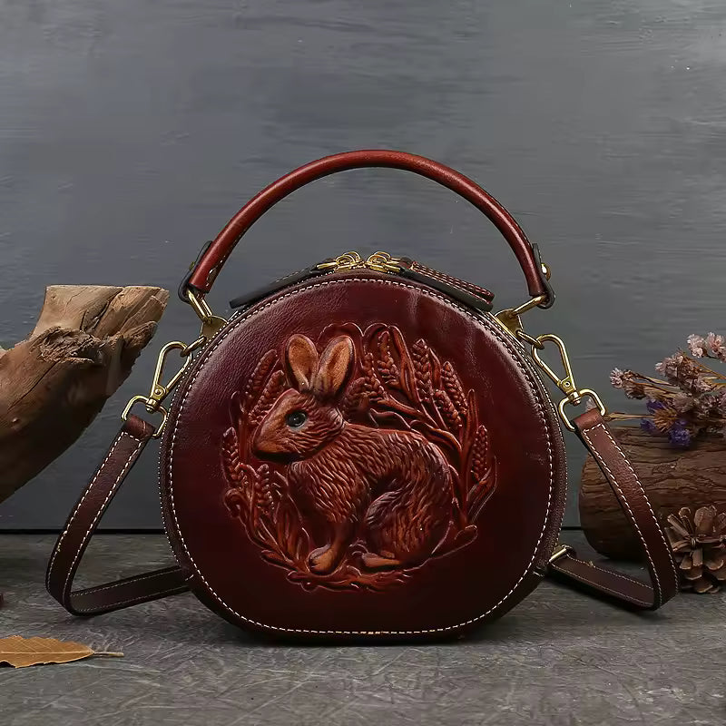 Luxury Designer Rabbit Retro Round Genuine Leather Embossed Shoulder Messenger Handbags Mssza