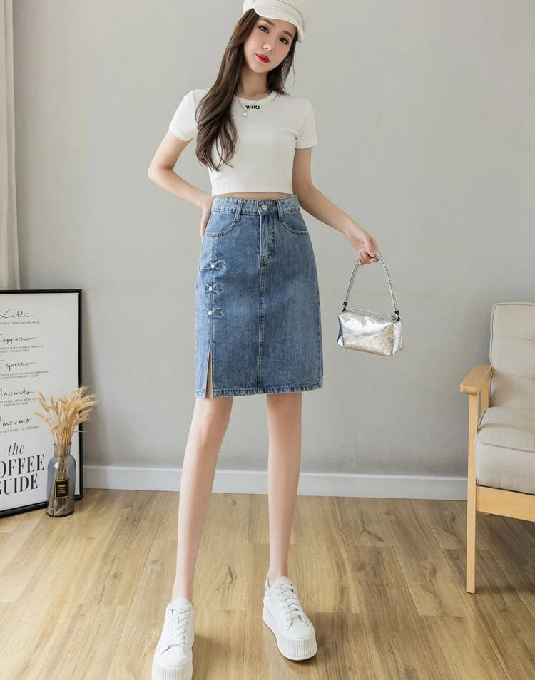 Luxury Elegant Chic Knees Length With Slit High Waist Streetwear Denim Skirt Mssza