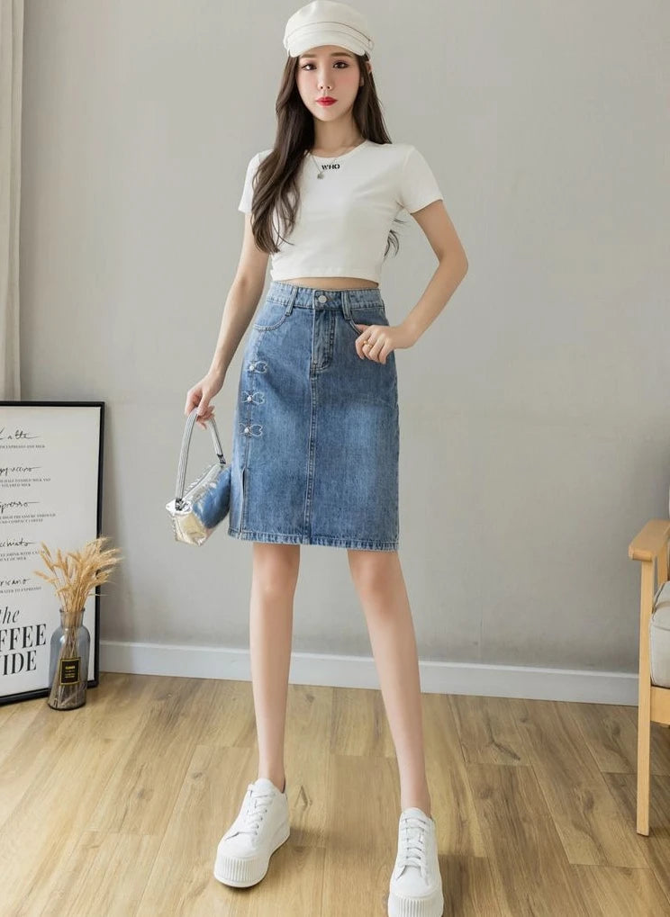 Luxury Elegant Chic Knees Length With Slit High Waist Streetwear Denim Skirt Mssza