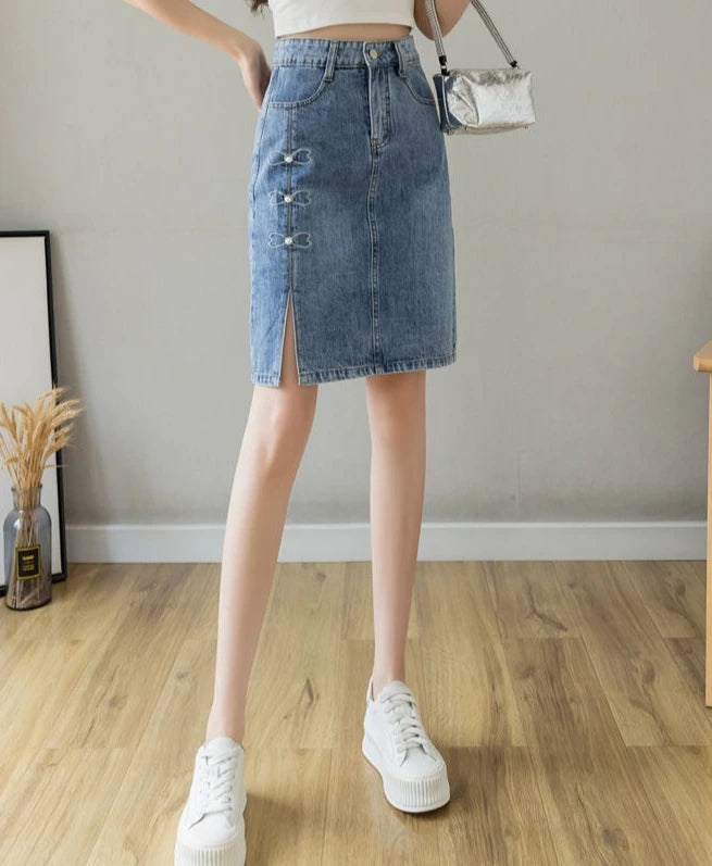 Luxury Elegant Chic Knees Length With Slit High Waist Streetwear Denim Skirt Mssza