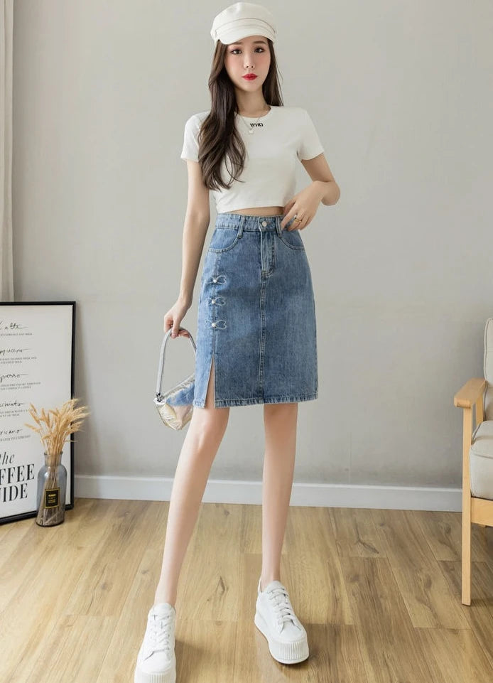 Luxury Elegant Chic Knees Length With Slit High Waist Streetwear Denim Skirt Mssza