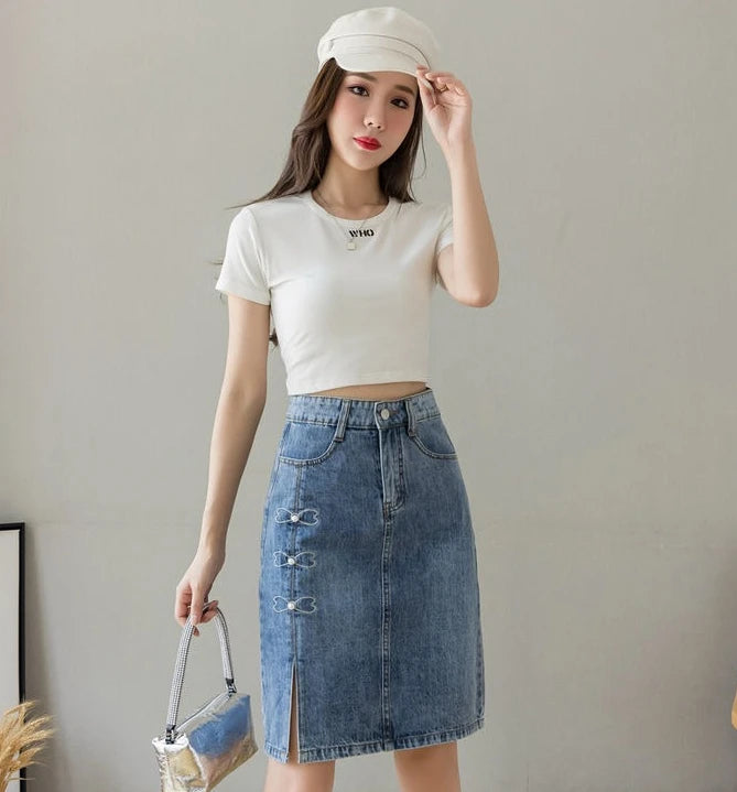 Luxury Elegant Chic Knees Length With Slit High Waist Streetwear Denim Skirt Mssza