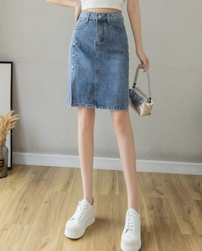 Luxury Elegant Chic Knees Length With Slit High Waist Streetwear Denim Skirt Mssza