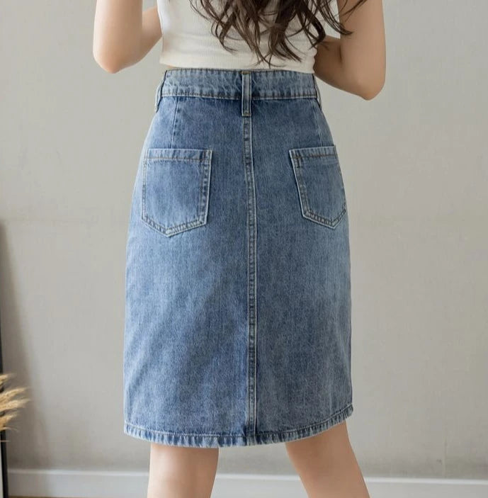 Luxury Elegant Chic Knees Length With Slit High Waist Streetwear Denim Skirt Mssza