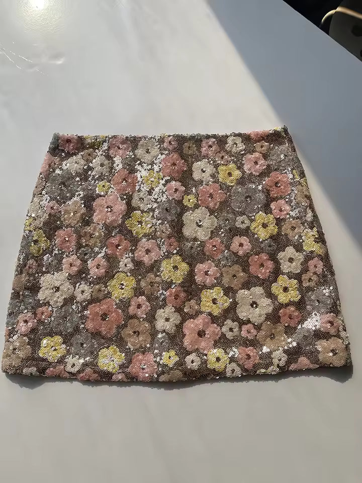 Luxury Floral Sequins Embroidery High Waist Mini Skirt Mssza
