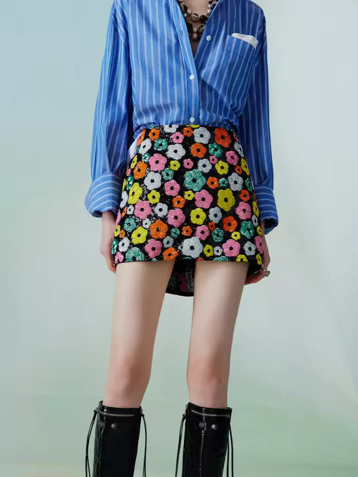 Luxury Floral Sequins Embroidery High Waist Mini Skirt Mssza