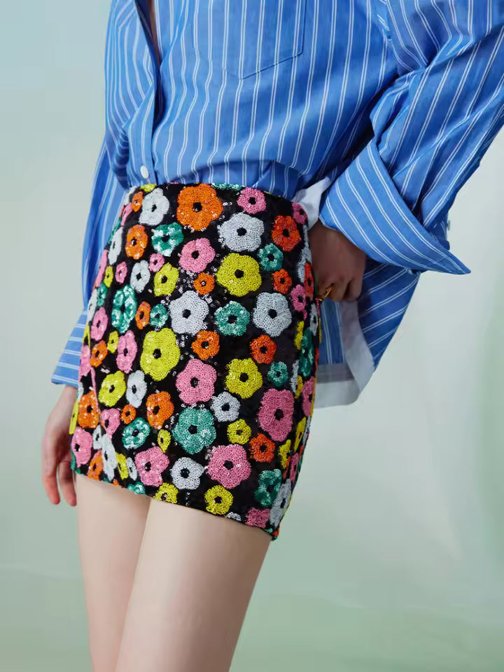 Luxury Floral Sequins Embroidery High Waist Mini Skirt Mssza