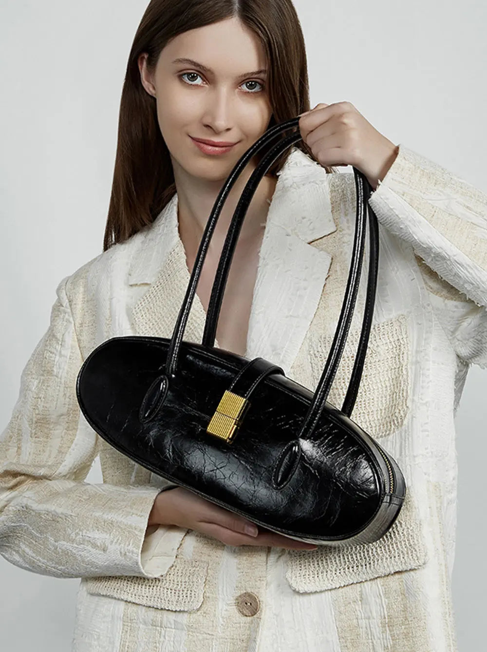 Luxury Genuine Leather Designer High Quality Cowhide Baguette Shoulder Bag Mssza