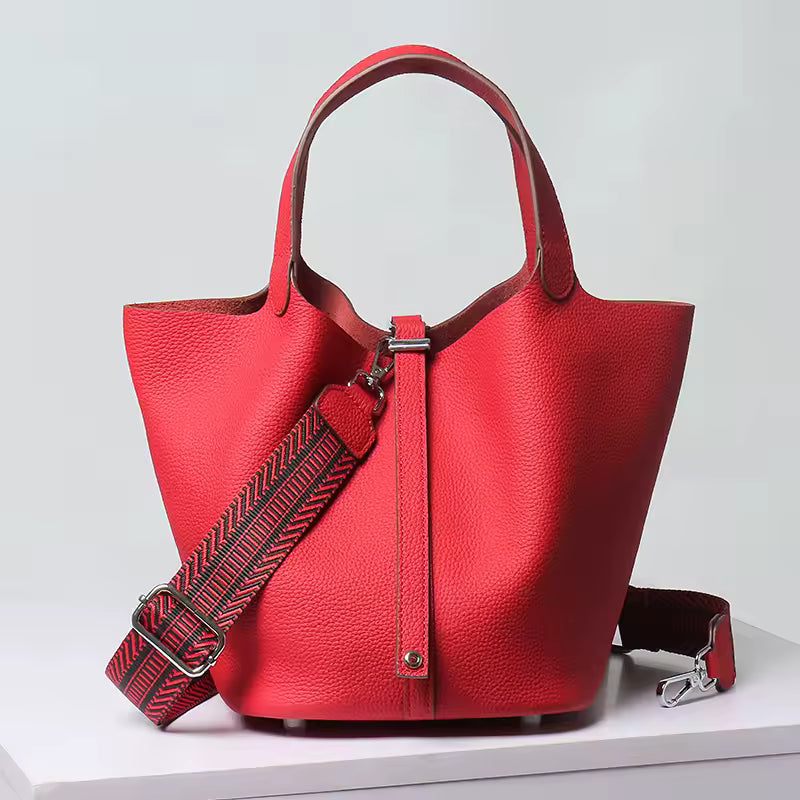 Luxury Genuine Leather No Zipper Portable Bucket Bag with Lock Mssza