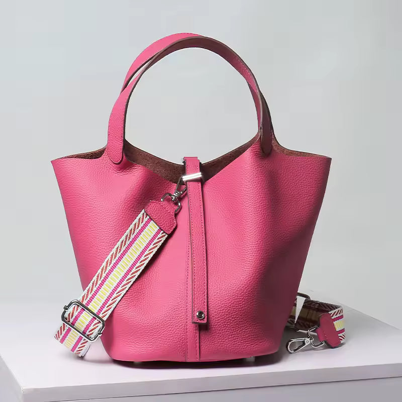 Luxury Genuine Leather No Zipper Portable Bucket Bag with Lock Mssza