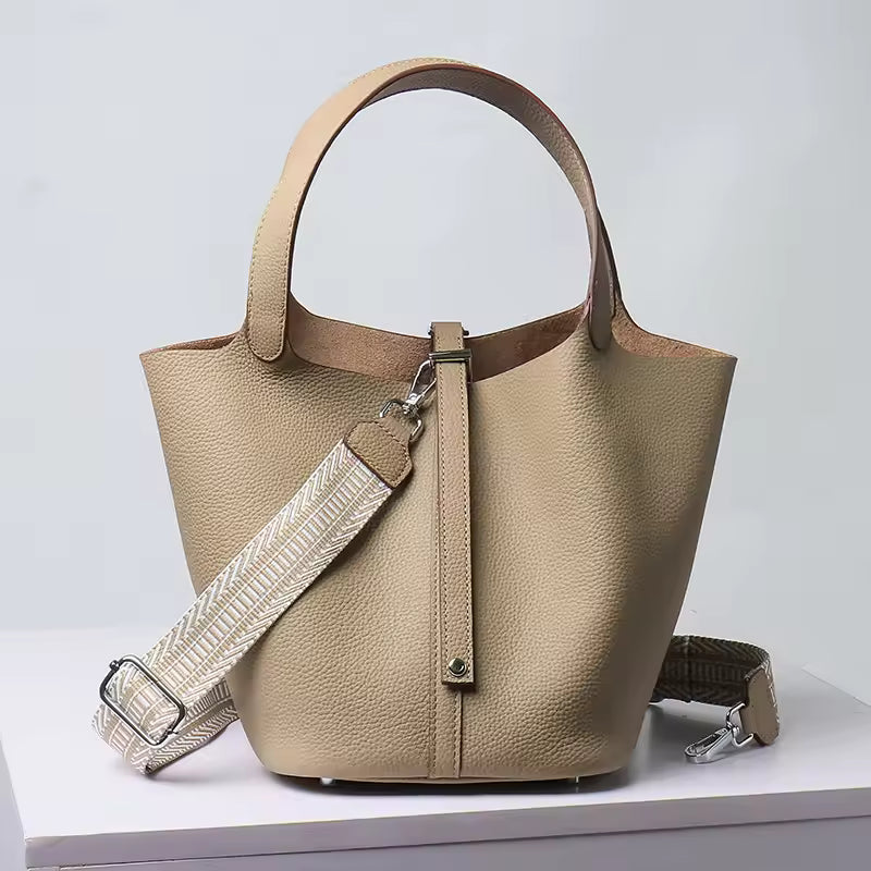 Luxury Genuine Leather No Zipper Portable Bucket Bag with Lock Mssza