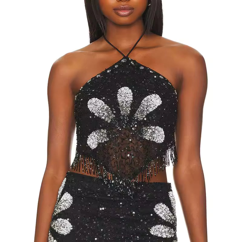 Luxury Lace-up Halter Neck Tie-up Sleeveless Backless Sequin Tassels Top Mssza