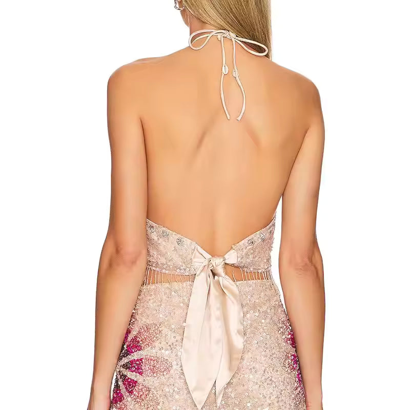 Luxury Lace-up Halter Neck Tie-up Sleeveless Backless Sequin Tassels Top Mssza