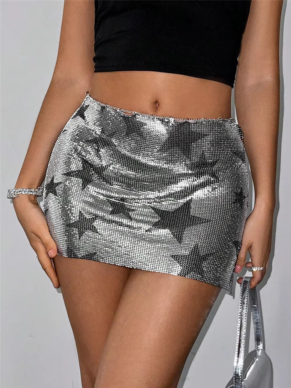 Luxury Metal Sequins Stars Metallic Chain Design Rave Vocal Mini Skirt Mssza