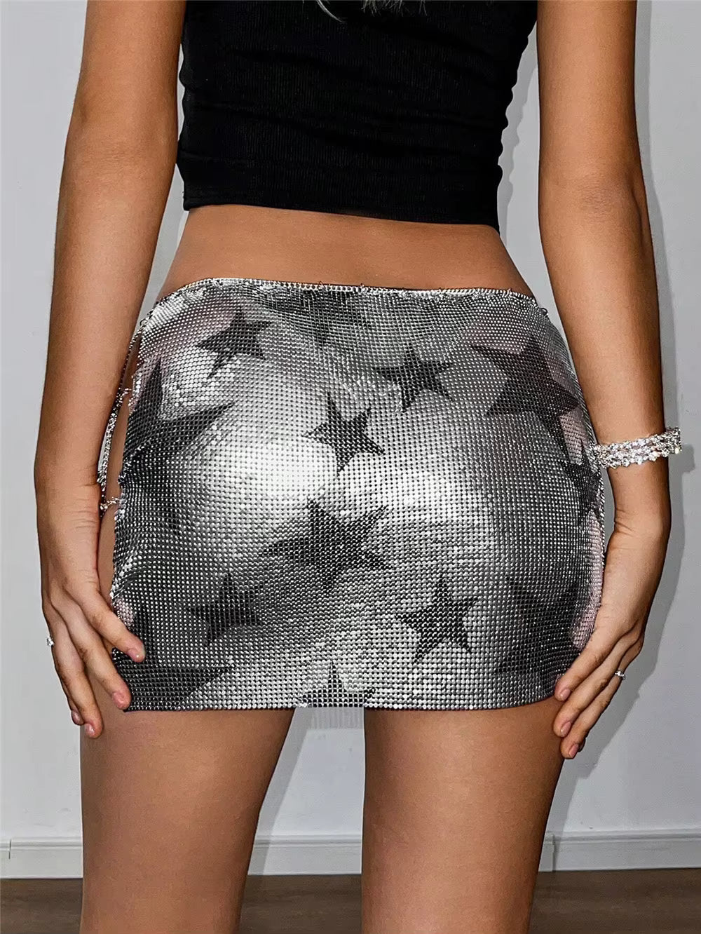 Luxury Metal Sequins Stars Metallic Chain Design Rave Vocal Mini Skirt Mssza