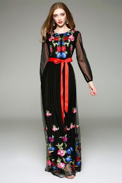 Long Lantern Sleeves Floral Embroidery Sash Belt Elegant Maxi Dress Mssaz Desses