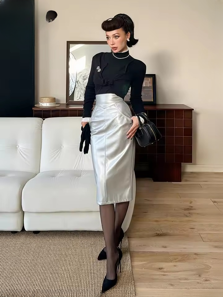Luxury Pu Leather Back Slit Mid-Calf High Waist Midi Pencil Skirt Mssza