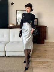 Luxury Pu Leather Back Slit Mid-Calf High Waist Midi Pencil Skirt Mssza