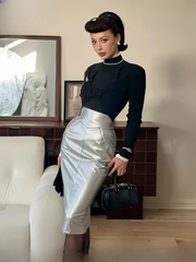 Luxury Pu Leather Back Slit Mid-Calf High Waist Midi Pencil Skirt Mssza