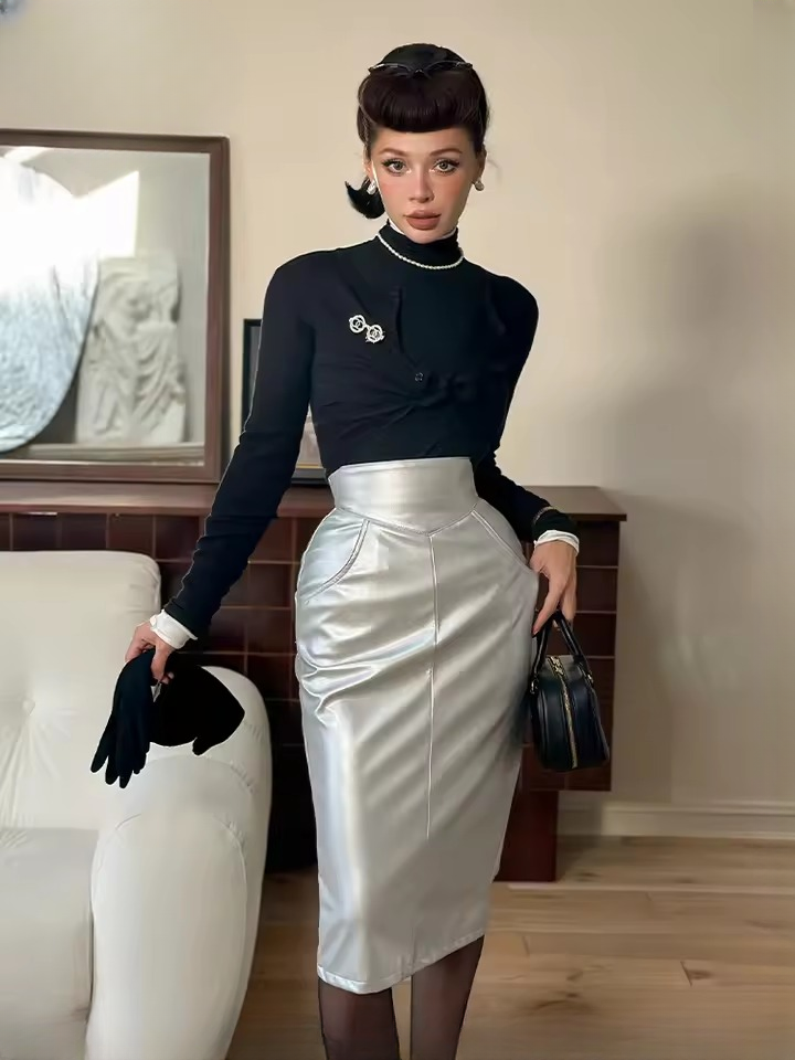Luxury Pu Leather Back Slit Mid-Calf High Waist Midi Pencil Skirt Mssza