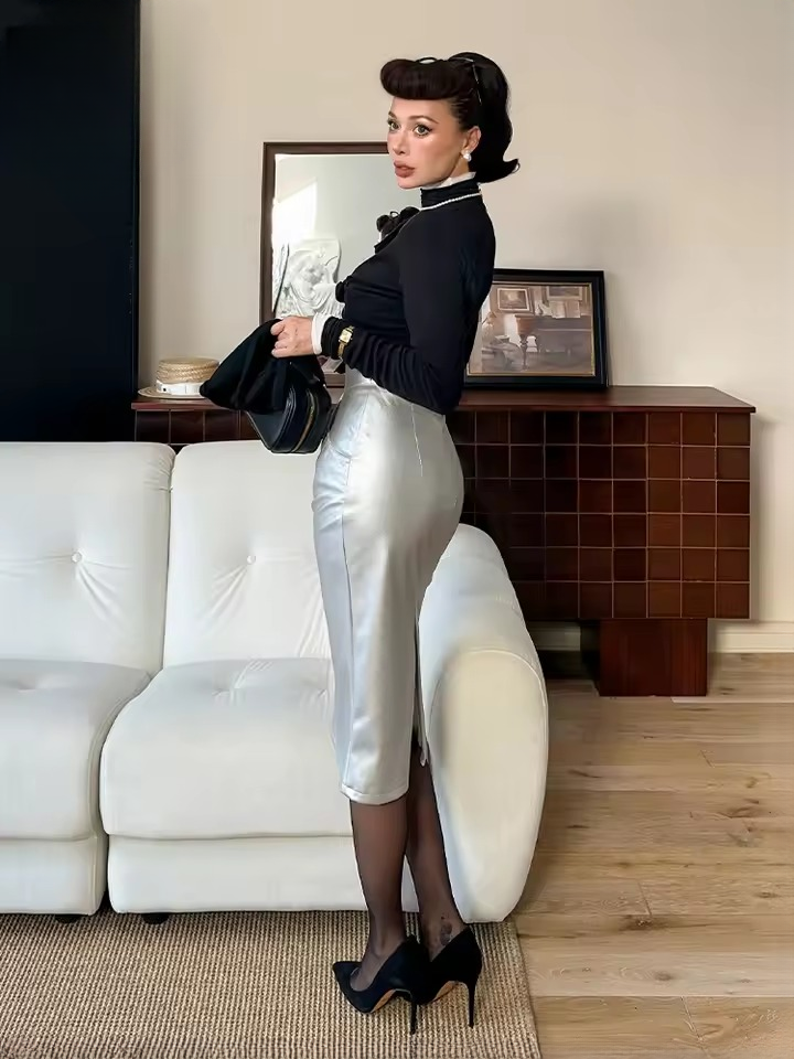 Luxury Pu Leather Back Slit Mid-Calf High Waist Midi Pencil Skirt Mssza