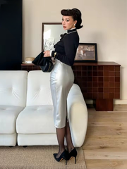 Luxury Pu Leather Back Slit Mid-Calf High Waist Midi Pencil Skirt Mssza