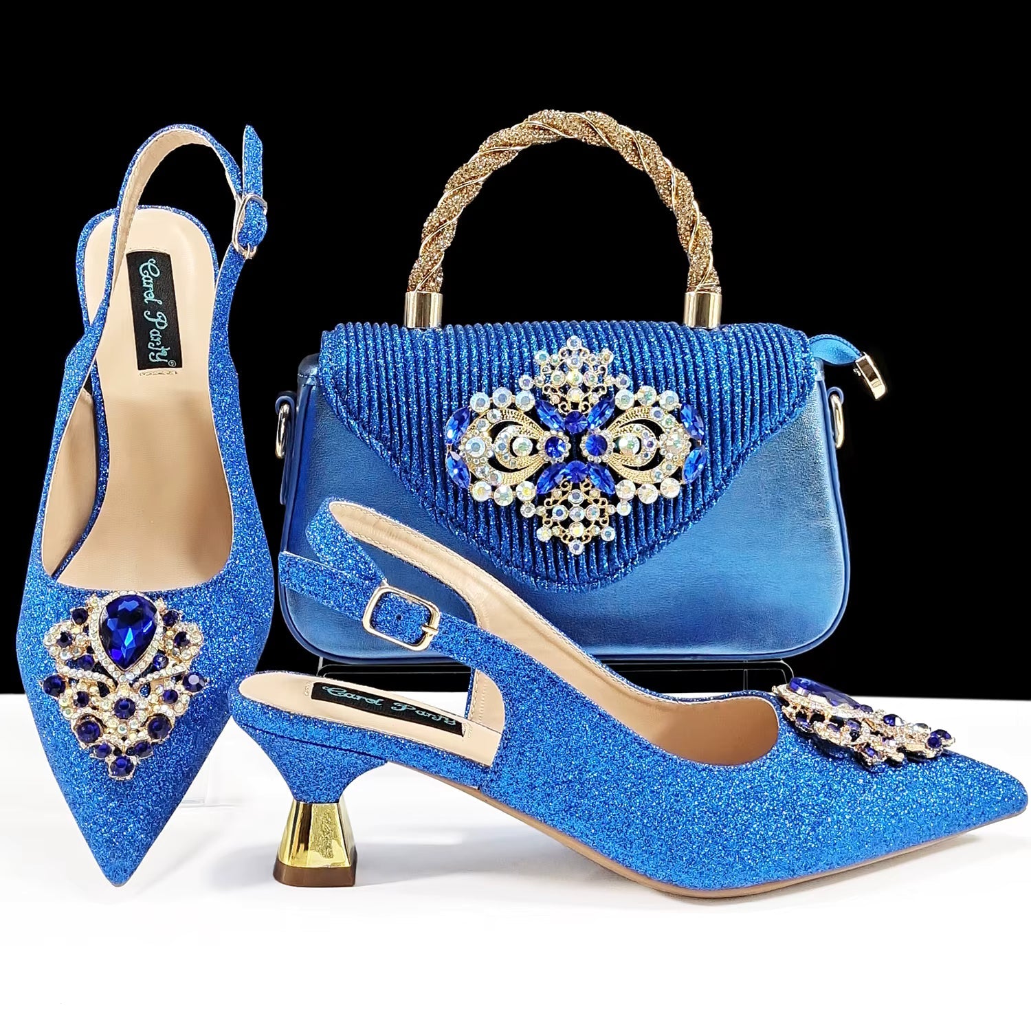 Luxury Rhinestone High Heels for Party Wedding Pointed Toe Shoe Bag Set Mssza