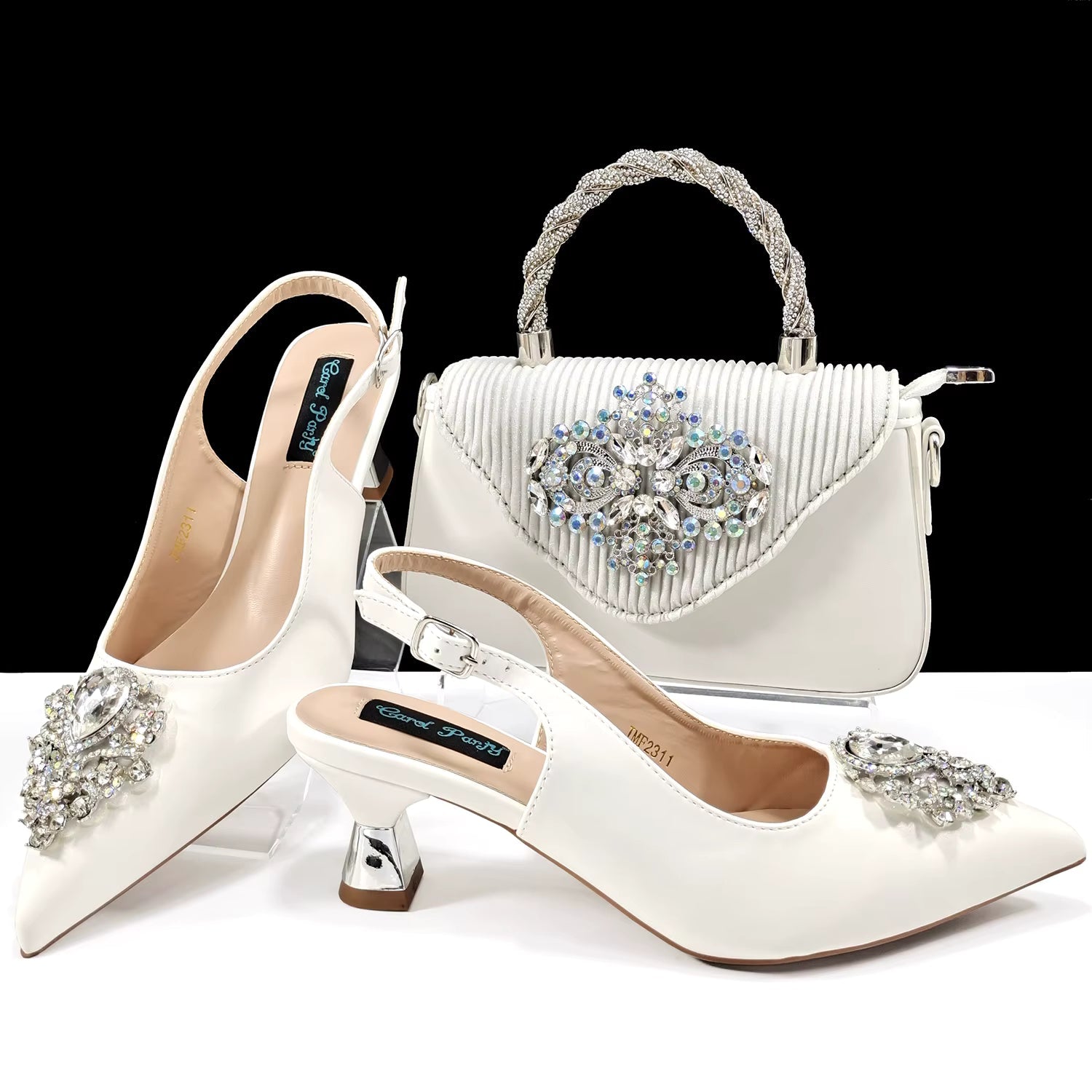 Luxury Rhinestone High Heels for Party Wedding Pointed Toe Shoe Bag Set Mssza