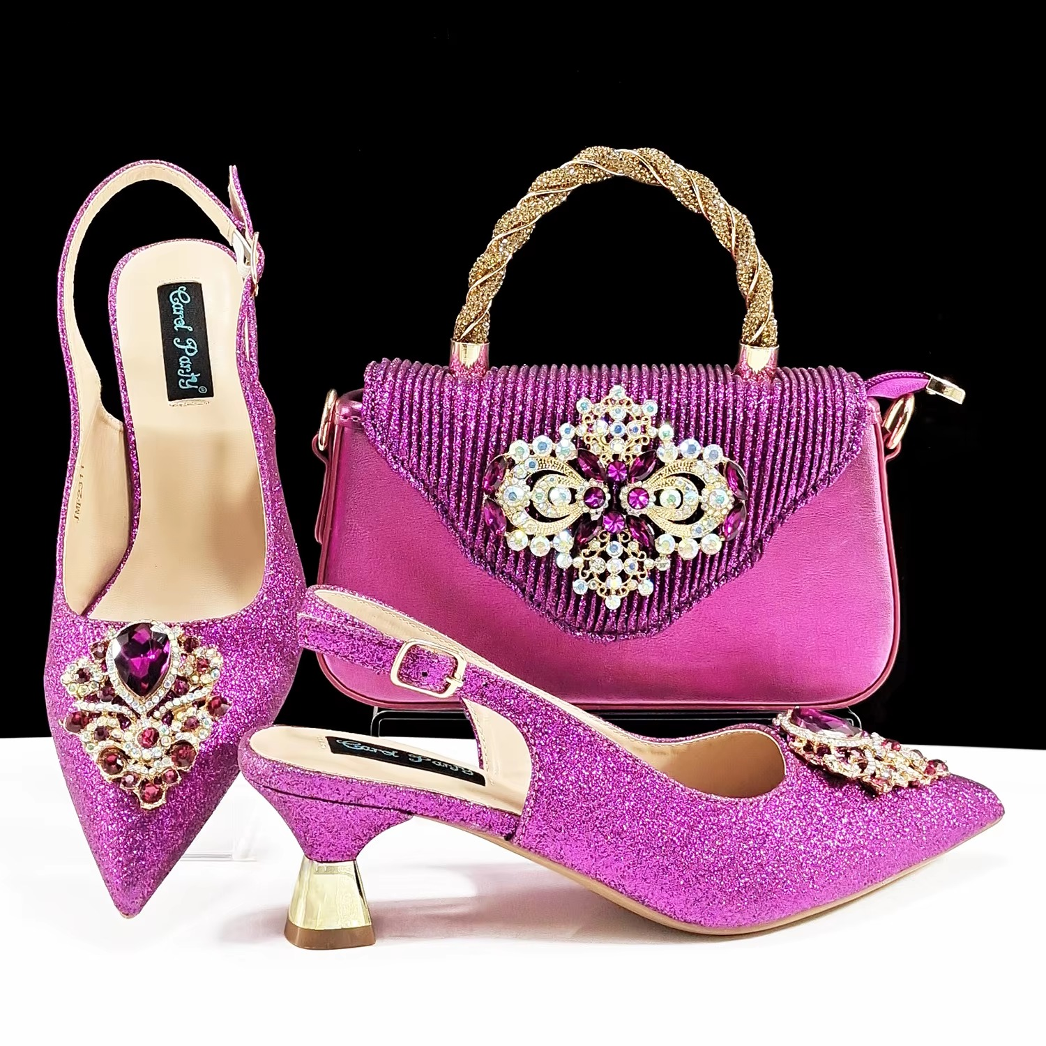 Luxury Rhinestone High Heels for Party Wedding Pointed Toe Shoe Bag Set Mssza