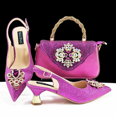Luxury Rhinestone High Heels for Party Wedding Pointed Toe Shoe Bag Set Mssza