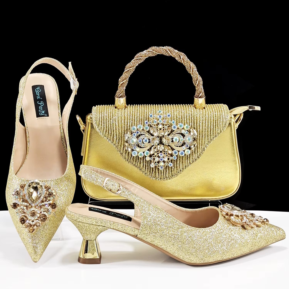 Luxury Rhinestone High Heels for Party Wedding Pointed Toe Shoe Bag Set Mssza
