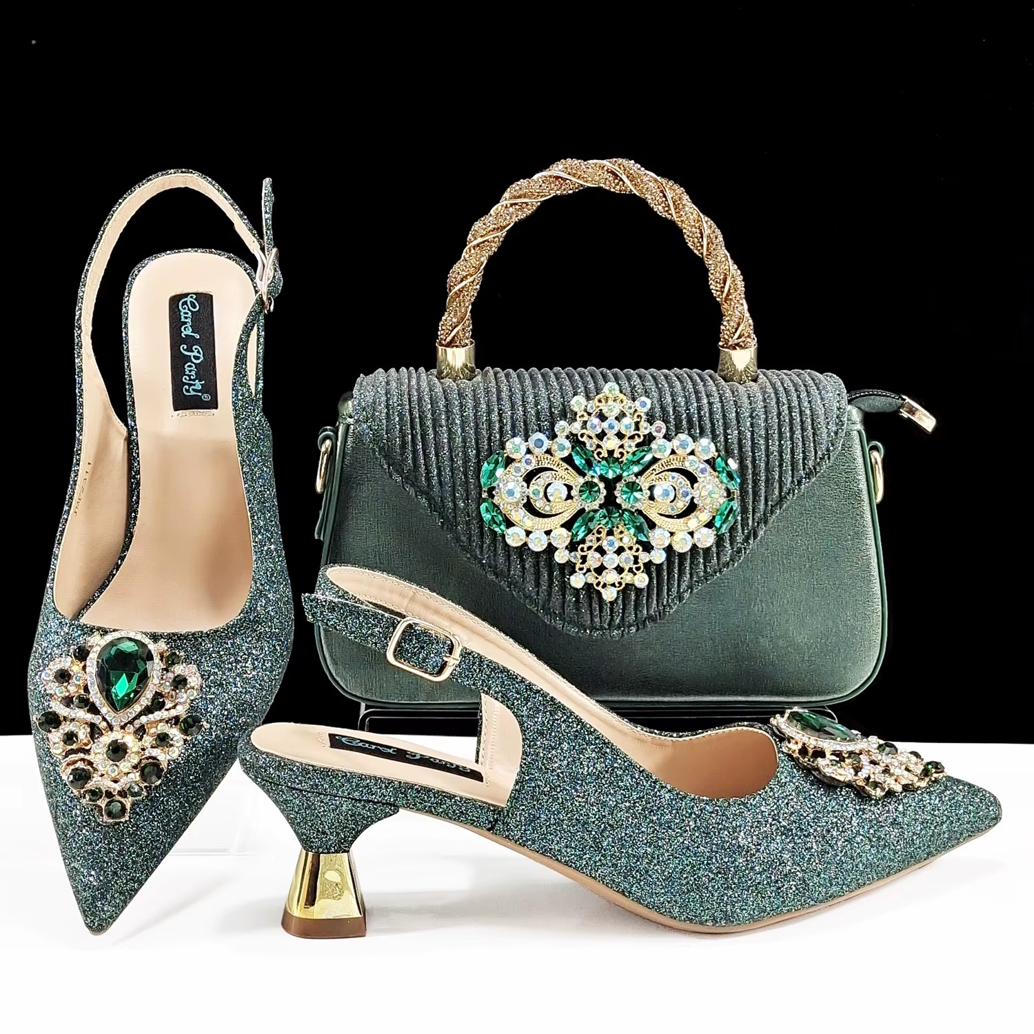 Luxury Rhinestone High Heels for Party Wedding Pointed Toe Shoe Bag Set Mssza