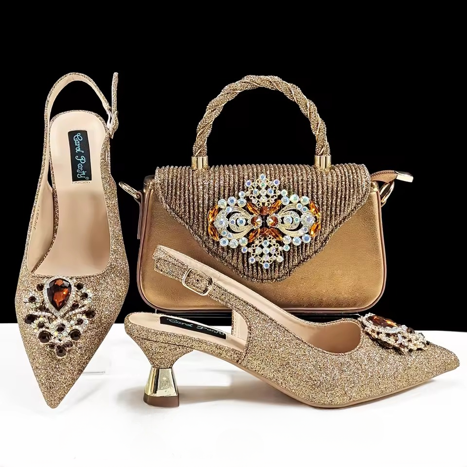 Luxury Rhinestone High Heels for Party Wedding Pointed Toe Shoe Bag Set Mssza