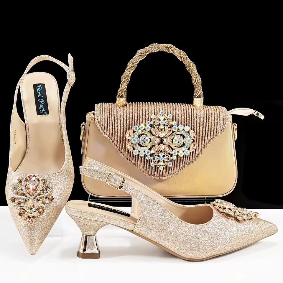 Luxury Rhinestone High Heels for Party Wedding Pointed Toe Shoe Bag Set Mssza