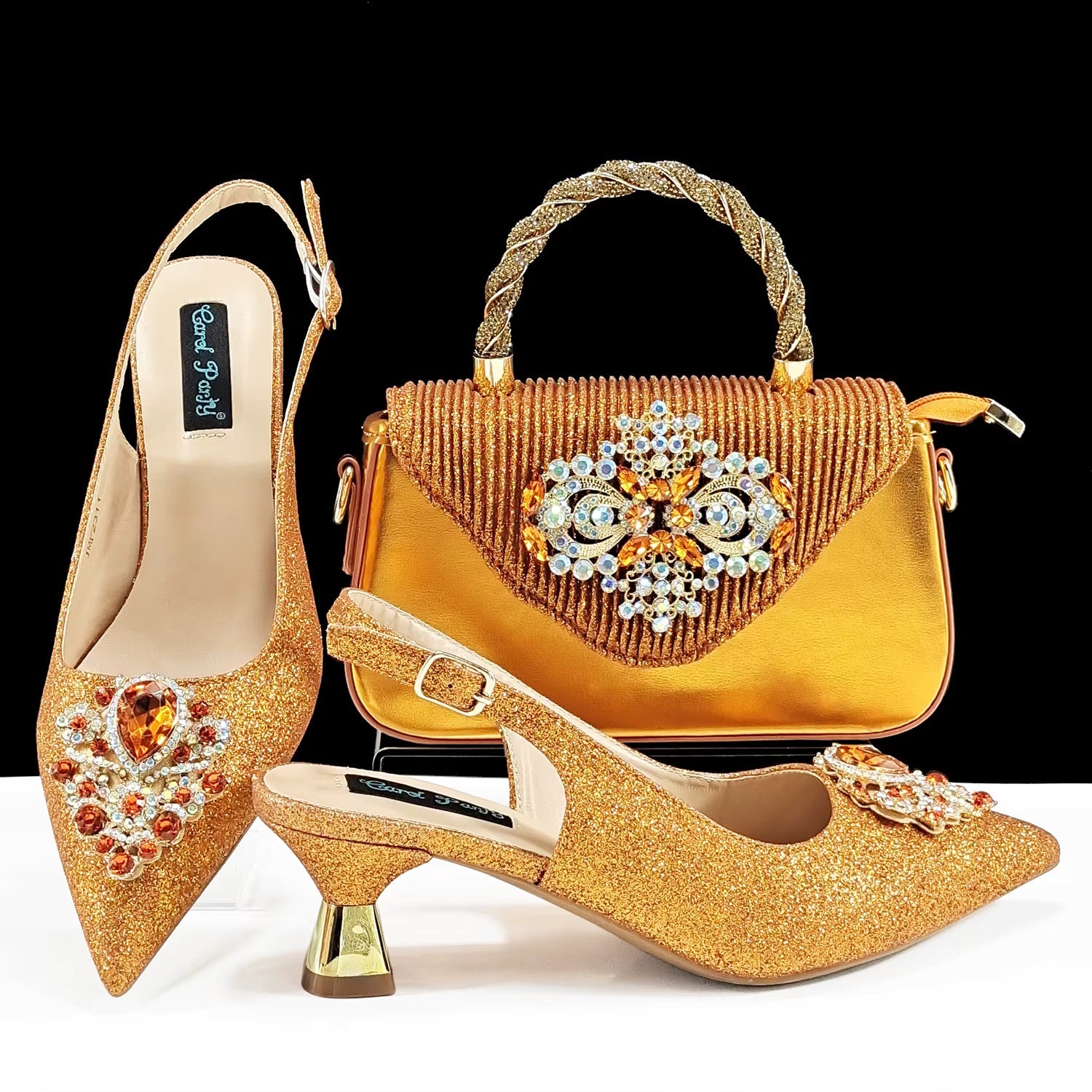 Luxury Rhinestone High Heels for Party Wedding Pointed Toe Shoe Bag Set Mssza