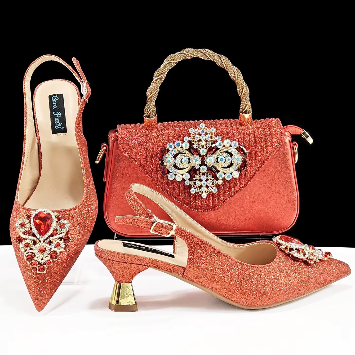 Luxury Rhinestone High Heels for Party Wedding Pointed Toe Shoe Bag Set Mssza