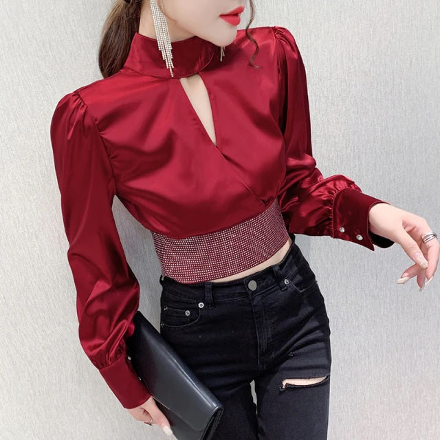 Luxury Rhinestone Patchwork Hollow Zipper Shirts Mssza
