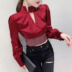 Luxury Rhinestone Patchwork Hollow Zipper Shirts Mssza