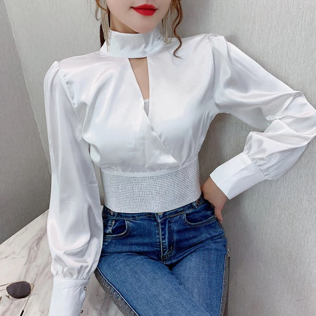 Luxury Rhinestone Patchwork Hollow Zipper Shirts Mssza