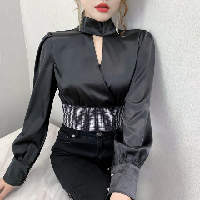 Luxury Rhinestone Patchwork Hollow Zipper Shirts Mssza