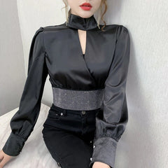 Luxury Rhinestone Patchwork Hollow Zipper Shirts Mssza