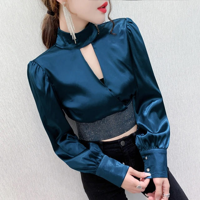 Luxury Rhinestone Patchwork Hollow Zipper Shirts Mssza