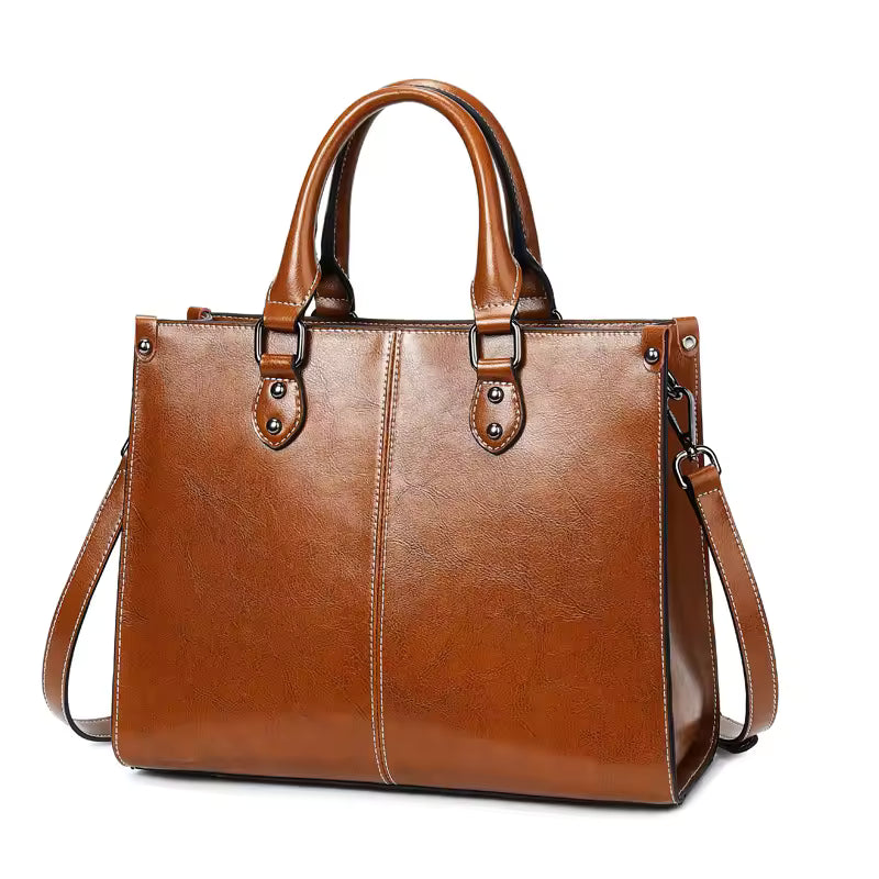 Luxury Rivet Zipper Genuine Leather Cowhide Tote Handbags Mssza