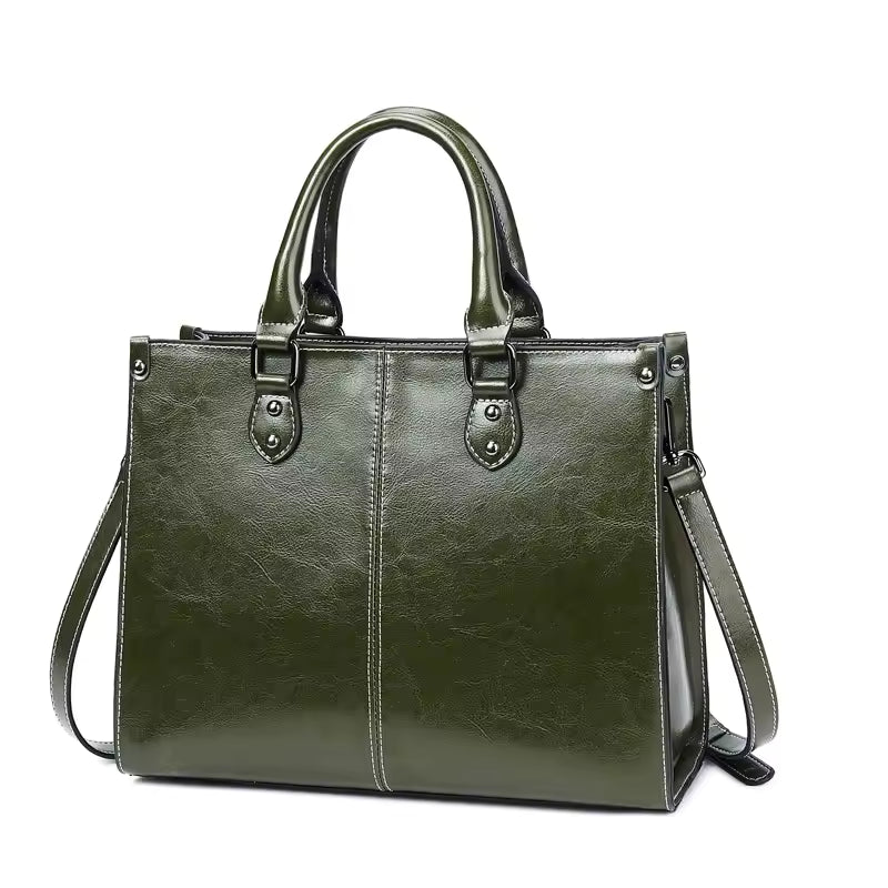 Luxury Rivet Zipper Genuine Leather Cowhide Tote Handbags Mssza